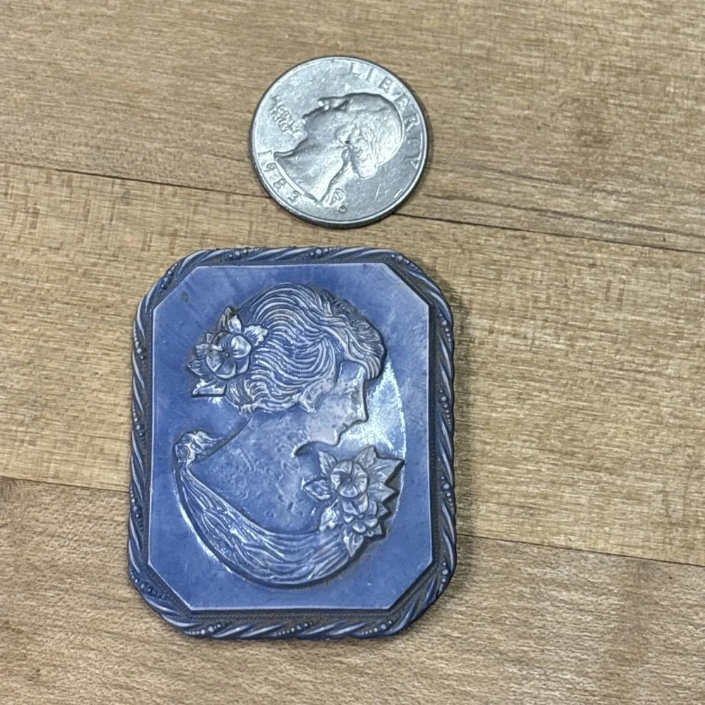 Antique Art Deco Blue Celluloid Cameo Brooch Pin C Clasp Floral Lady 1920s 30s